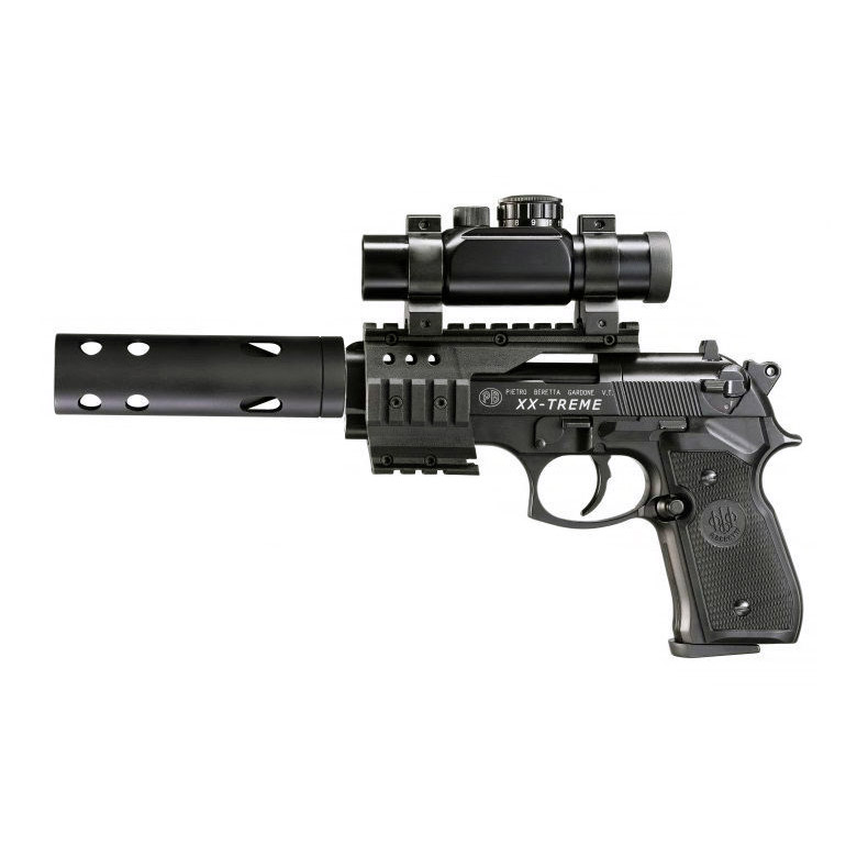 Пневматический пистолет Umarex Beretta M92 FS (глушитель, коллиматор, чёрный с накладками)