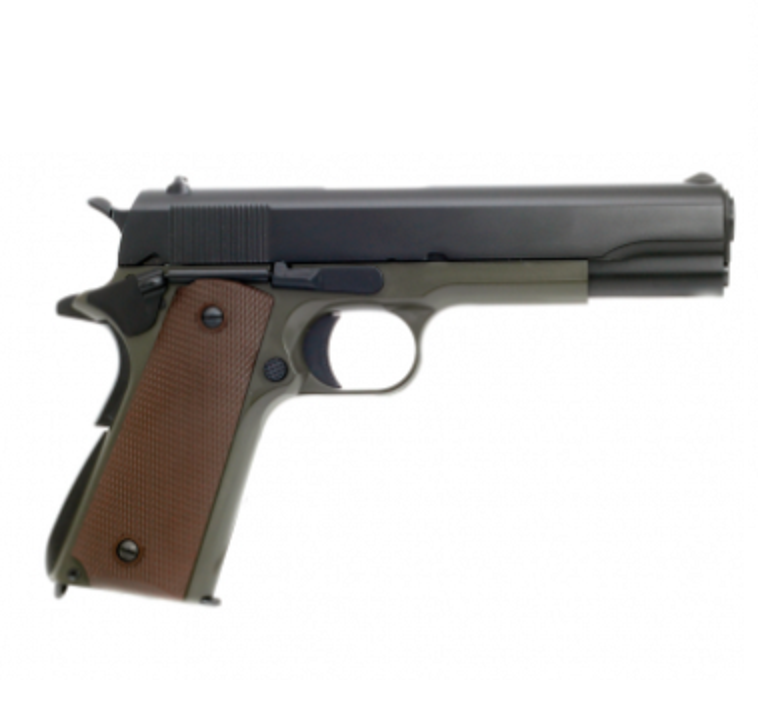 Пистолет страйкбольный (KJW) Colt M1911A1 GBB, олива, металл, модель - M1911 (OD) GP112G