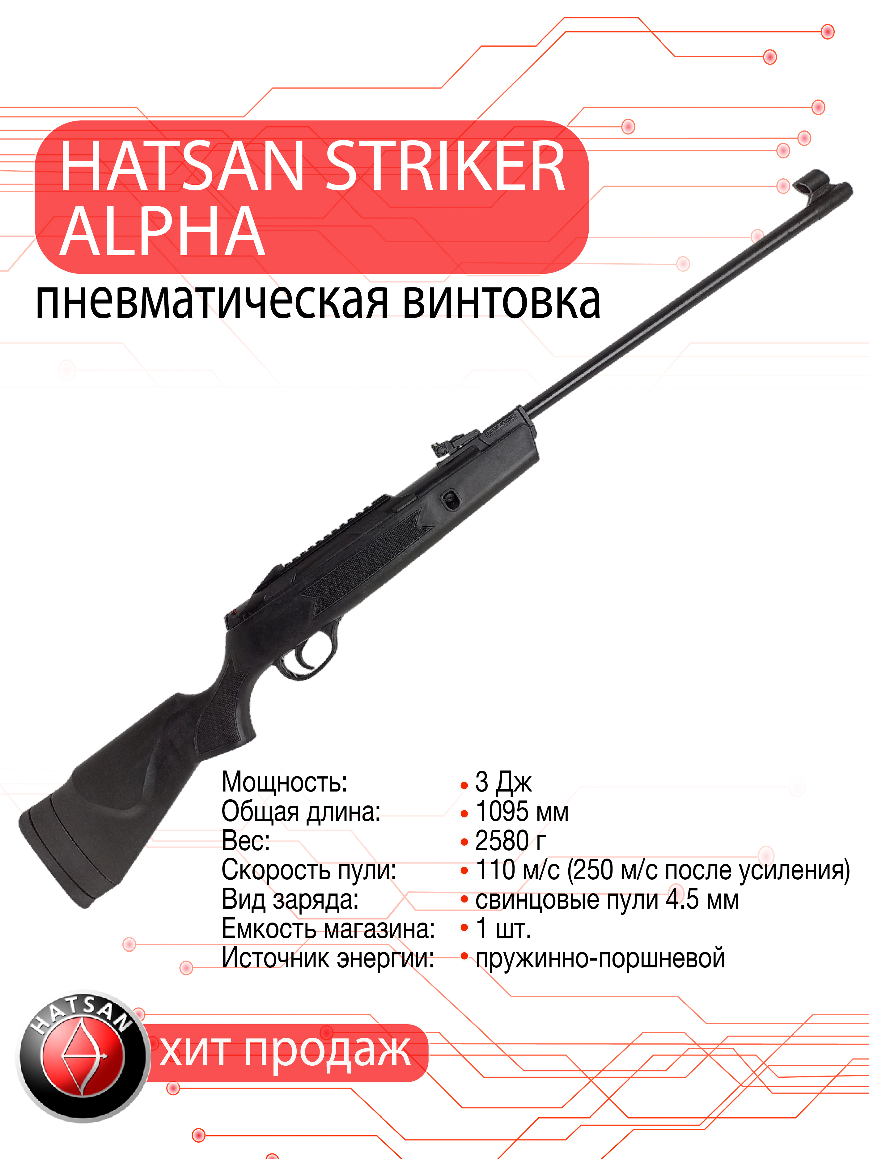 Пневматическая винтовка Hatsan Striker Alpha, калибр 4,5 мм, 3 Дж, пластик