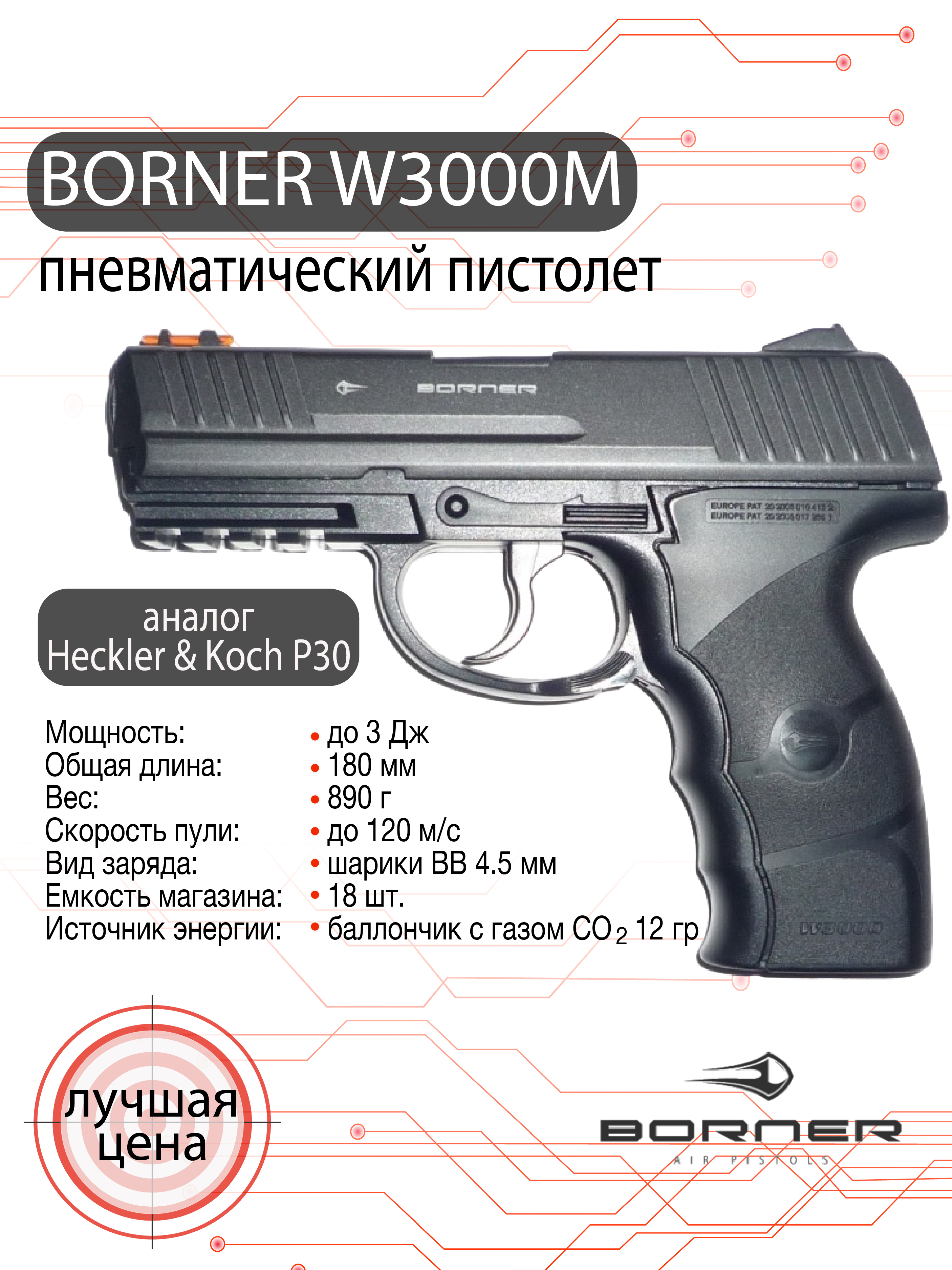 Пистолет пневматический Borner W3000(m) (Heckler & Koch P30)